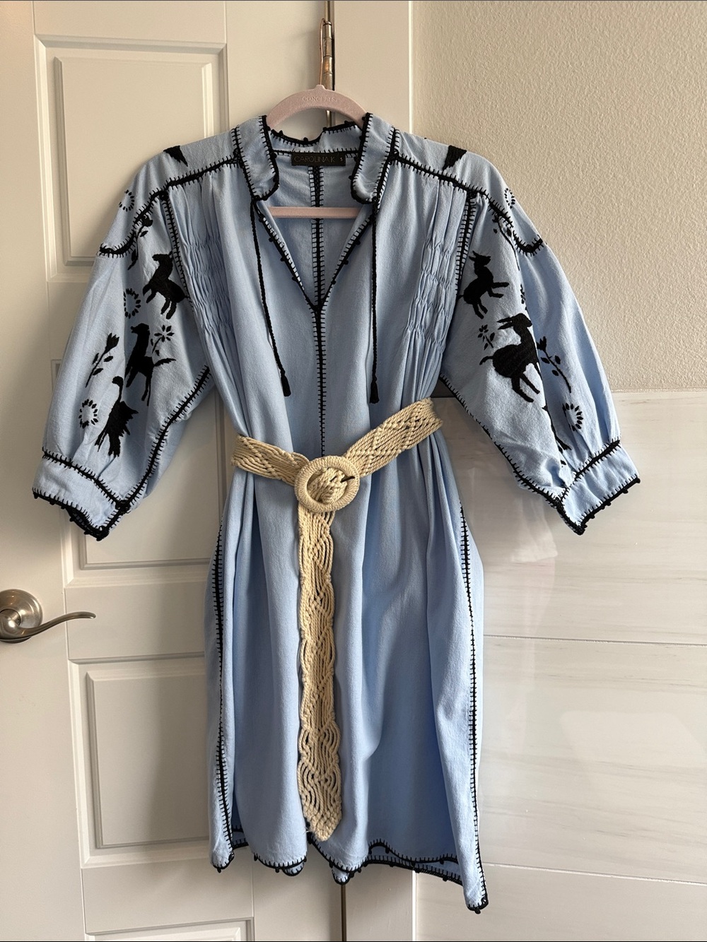 Carolina K Light Blue Embroidered Midi Dress with Black Trim. Size Small